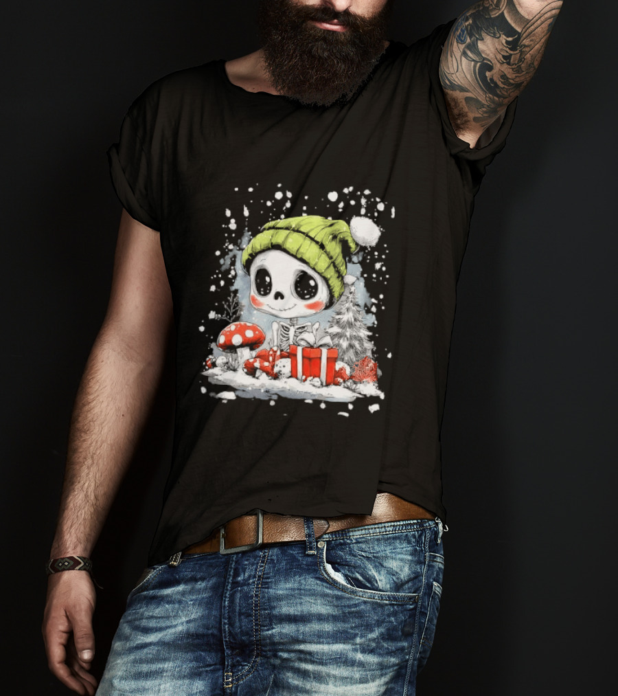 Skeleton In Green Beanie Hat With Mushroom And Christmas Present T-Shirt