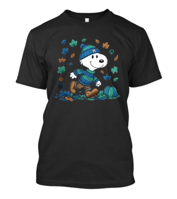 Snoopy Walking Autumn Leaves Blue Green Beanie Pumpkin T-Shirt