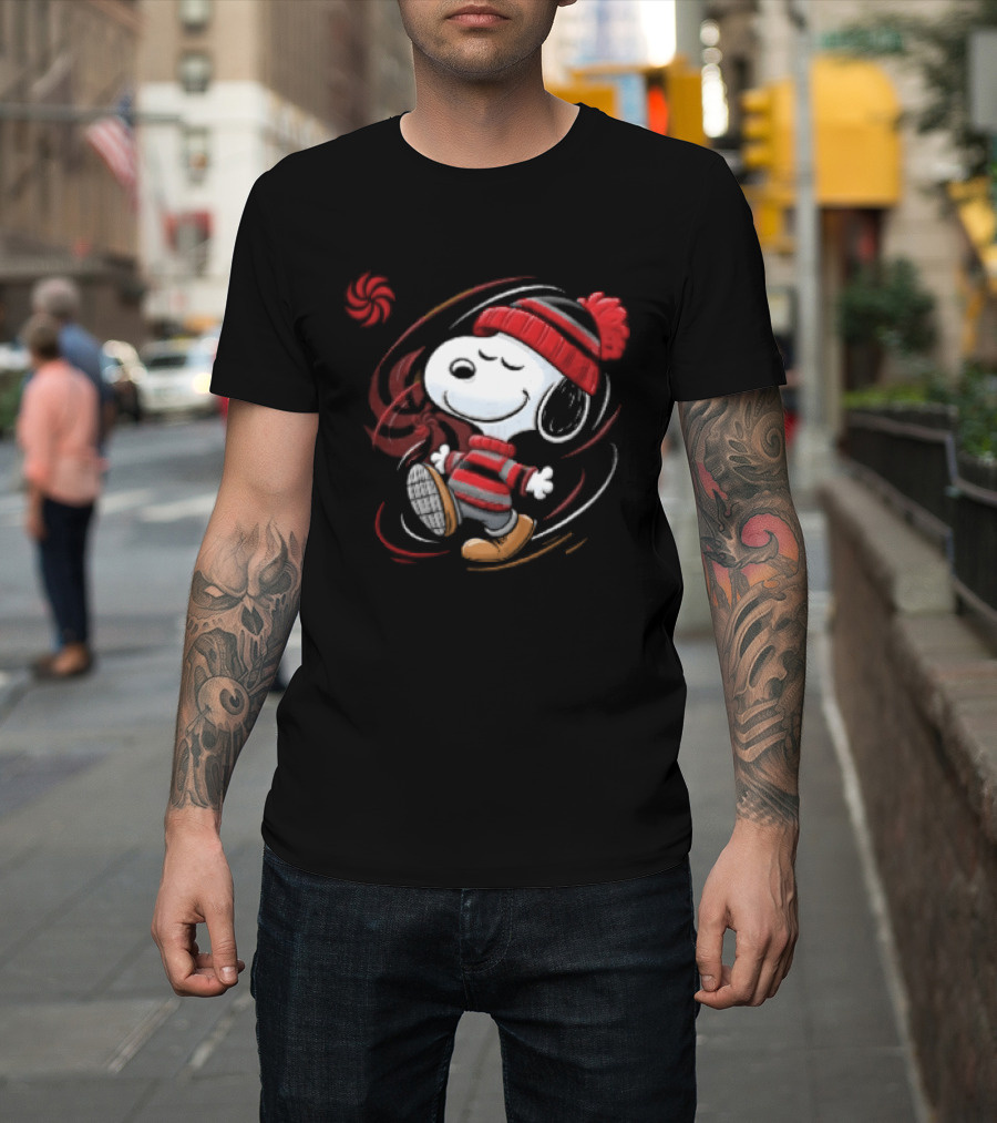 Snoopy Walking Red Black Striped Beanie Swirl Cartoon T-Shirt