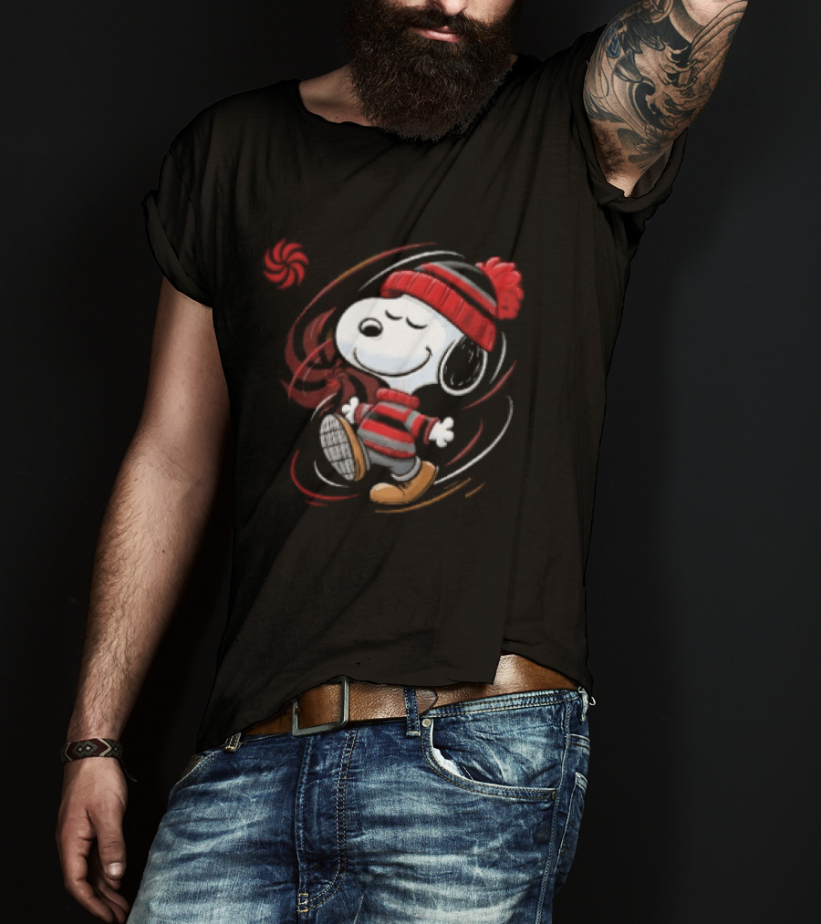 Snoopy Walking Red Black Striped Beanie Swirl Cartoon T-Shirt