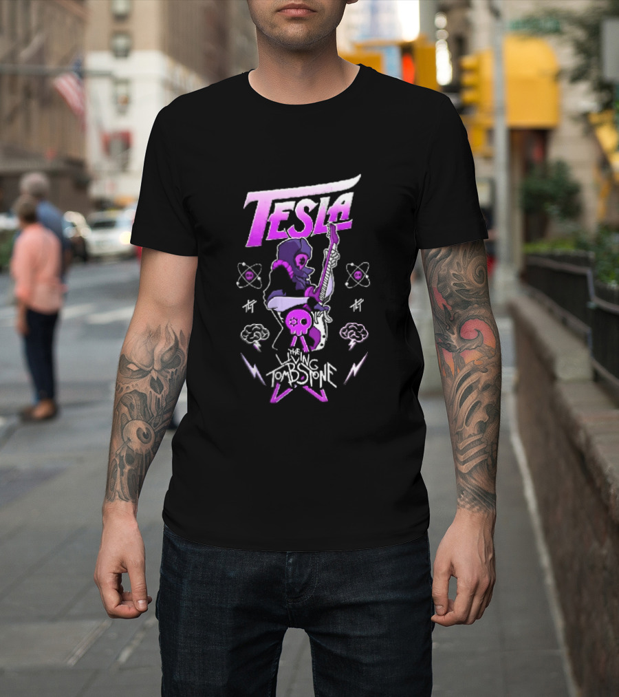 Tesla The Living Tombstone Purple Hooded Skull Mask Electric Guitar Pixel T-Shirt
