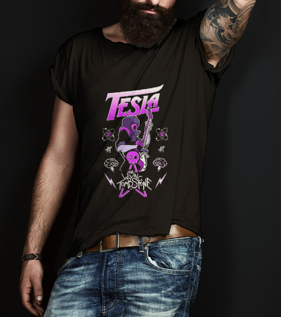 Tesla The Living Tombstone Purple Hooded Skull Mask Electric Guitar Pixel T-Shirt