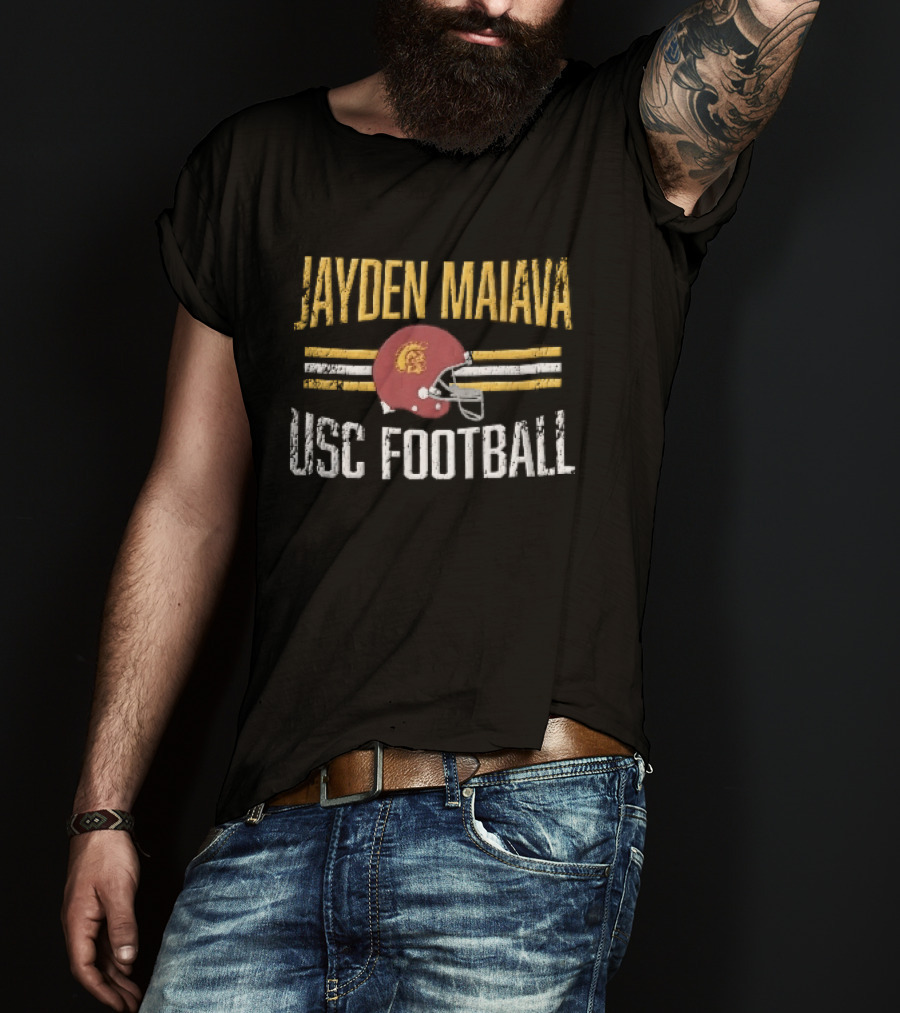 Jayden Maiava USC Football Distressed Helmet Yellow Stripes T-Shirt