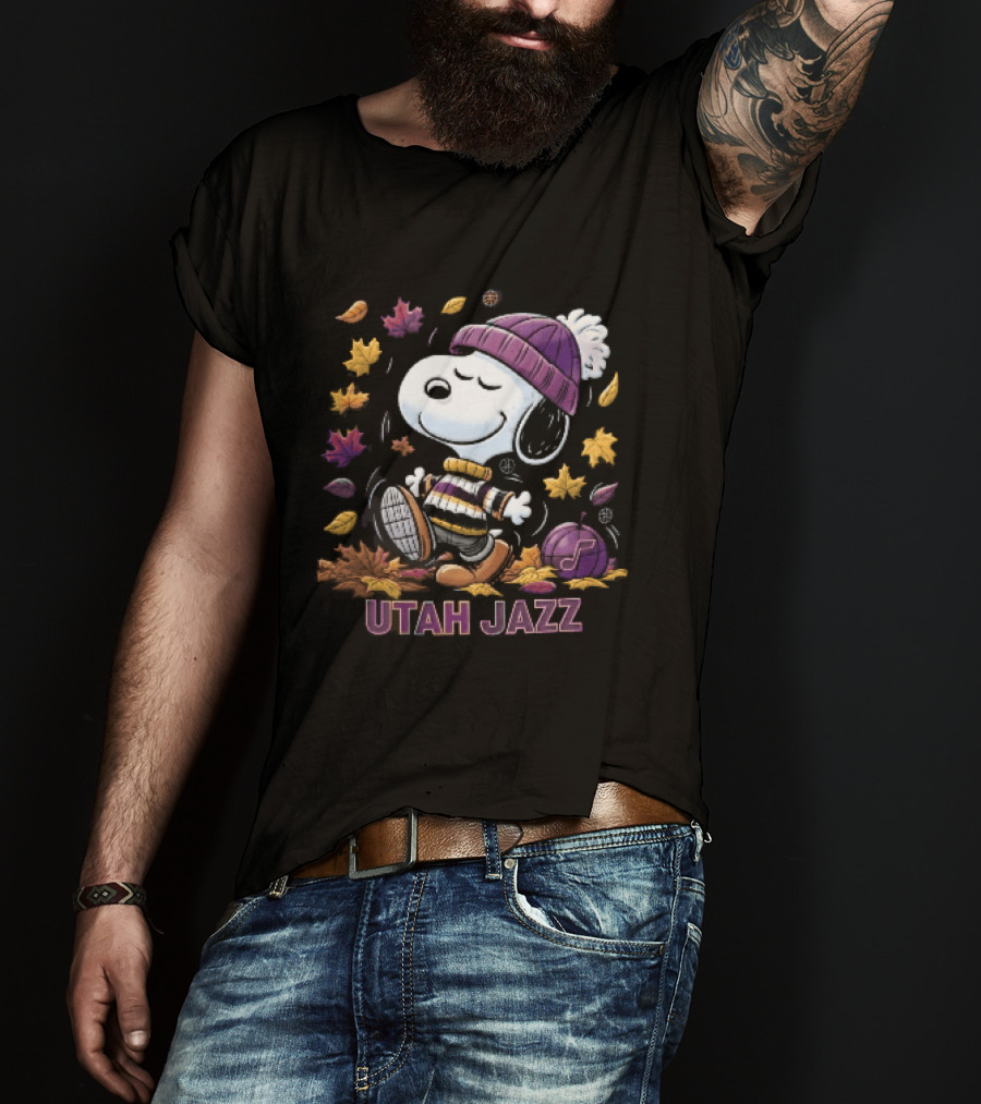 Utah Jazz Snoopy Cartoon Walking In Autumn Leaves Purple Beanie Basketball T-Shirt