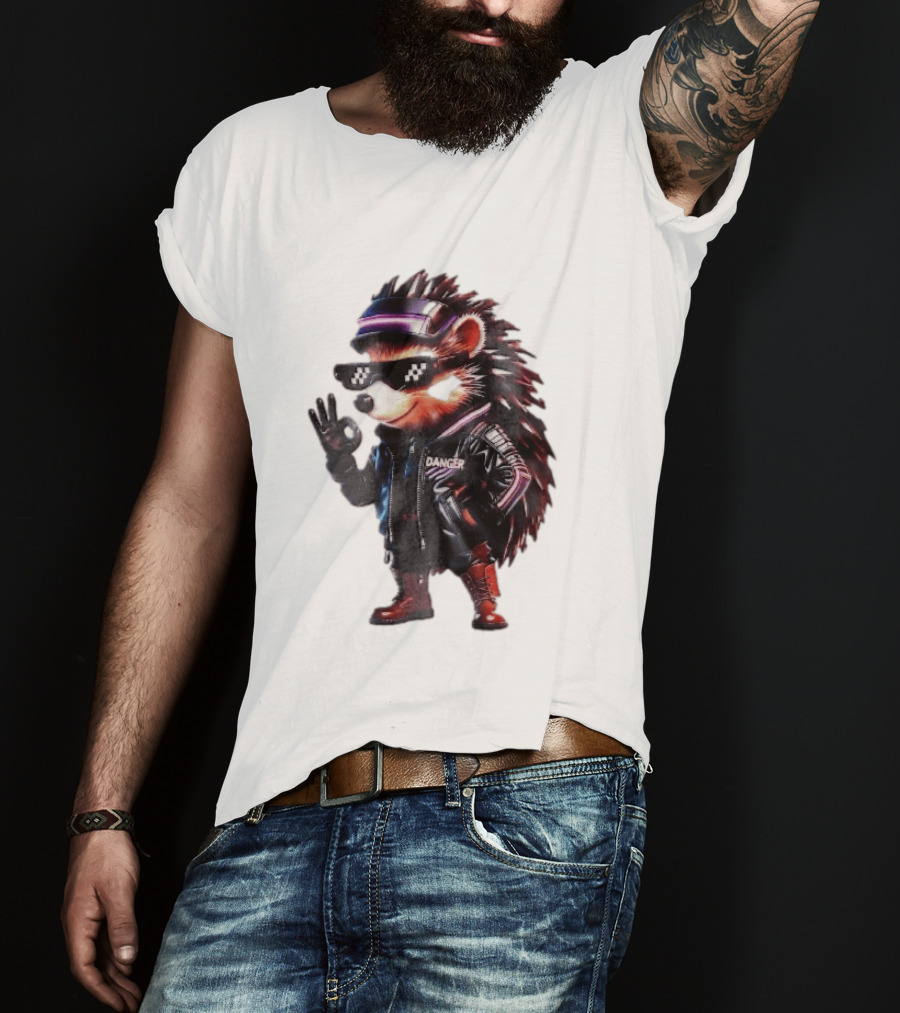 Danger Hedgehog Pixel Sunglasses Leather Jacket T-Shirt