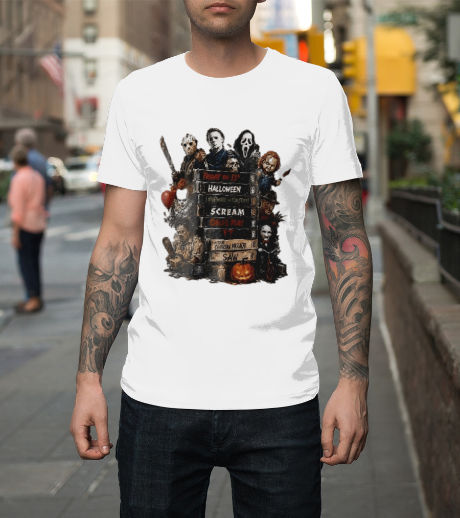 Friday The 13th Halloween Nightmare On Elm Street Scream Child's Play IT Texas Chainsaw Massacre Saw Horror Movie Stack T-Shirt