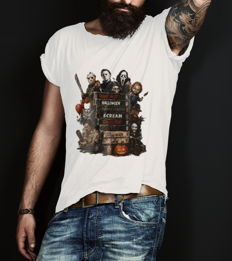 Friday The 13th Halloween Nightmare On Elm Street Scream Child's Play IT Texas Chainsaw Massacre Saw Horror Movie Stack T-Shirt