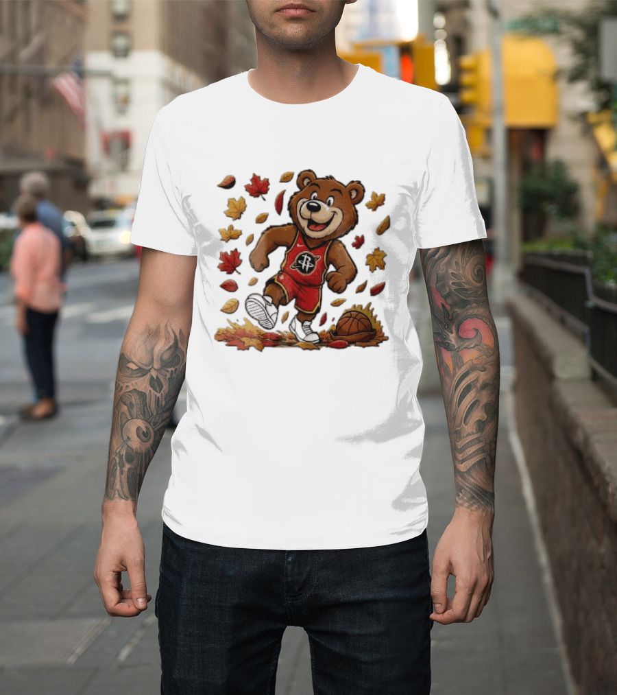 Houston Rockets Clutch The Bear Running With Basketball And Autumn Leaves T-Shirt