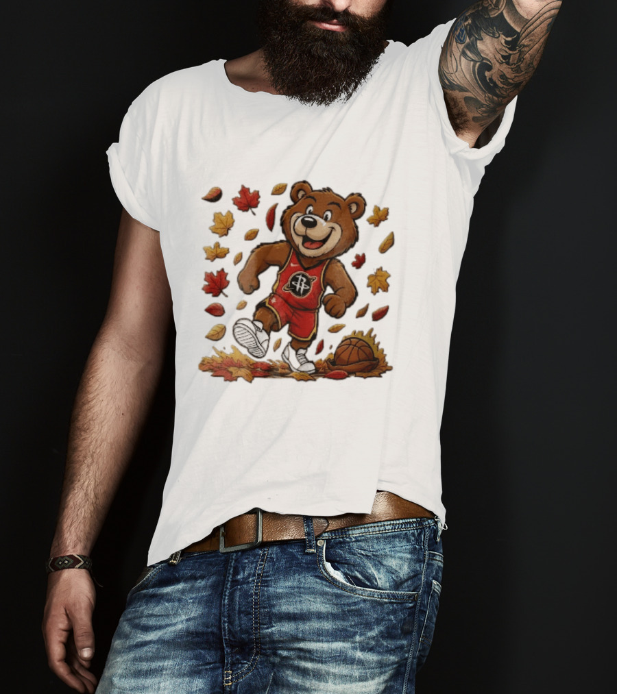Houston Rockets Clutch The Bear Running With Basketball And Autumn Leaves T-Shirt