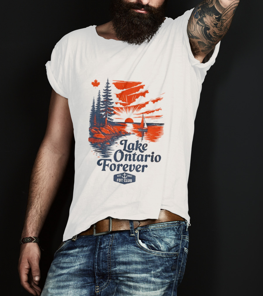 Lake Ontario Forever Sunset Sailboat FDT Club Canada Maple Leaf Scenery T-Shirt