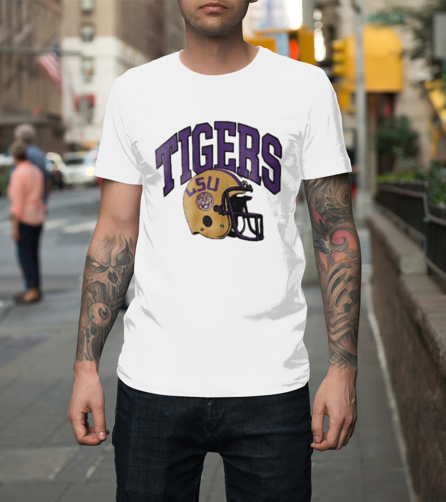 LSU Tigers Yellow Football Helmet Purple Arched Letters NCAA T-Shirt