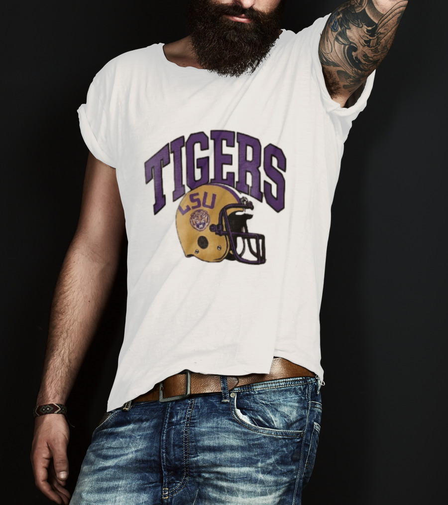LSU Tigers Yellow Football Helmet Purple Arched Letters NCAA T-Shirt