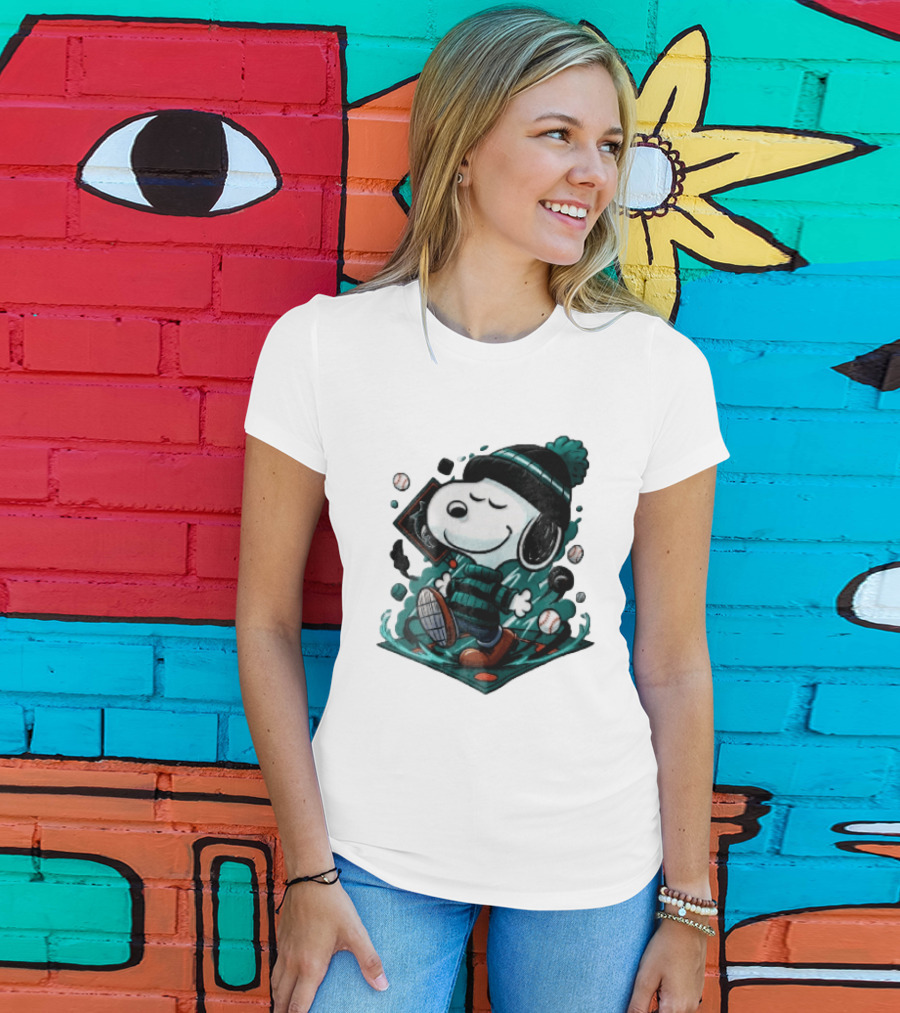 Miami Marlins MLB Snoopy Walking Teal Winter Beanie Striped Baseballs T-Shirt