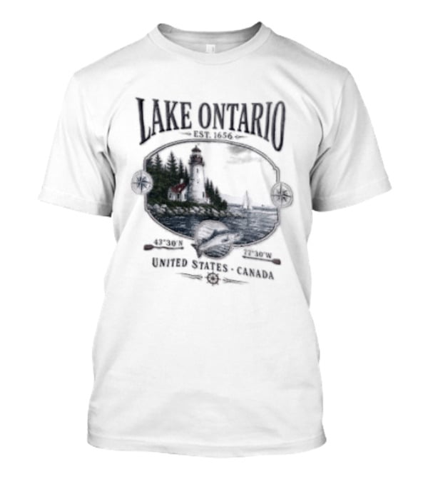 Lake Ontario Lighthouse Sailboat Fish 43 30 And 77 W United States Canada T-Shirt
