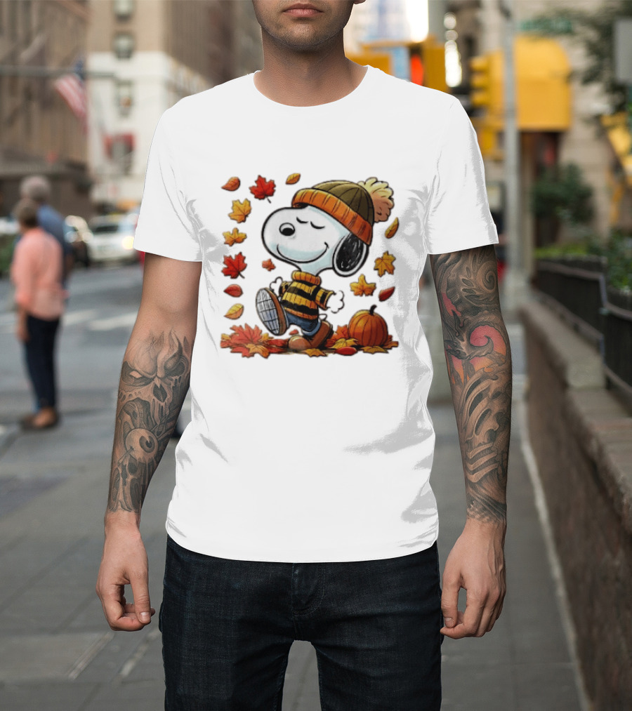 Snoopy Walking In Striped Beanie With Autumn Leaves And Pumpkin T-Shirt