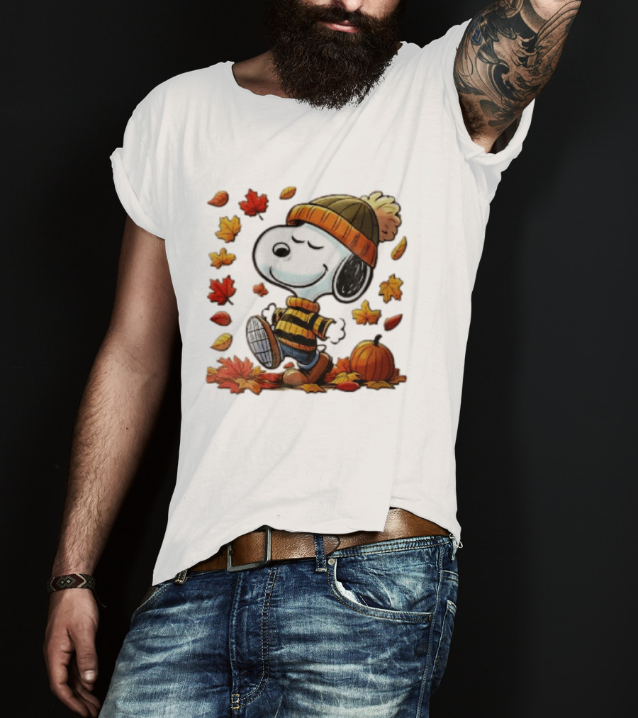 Snoopy Walking In Striped Beanie With Autumn Leaves And Pumpkin T-Shirt