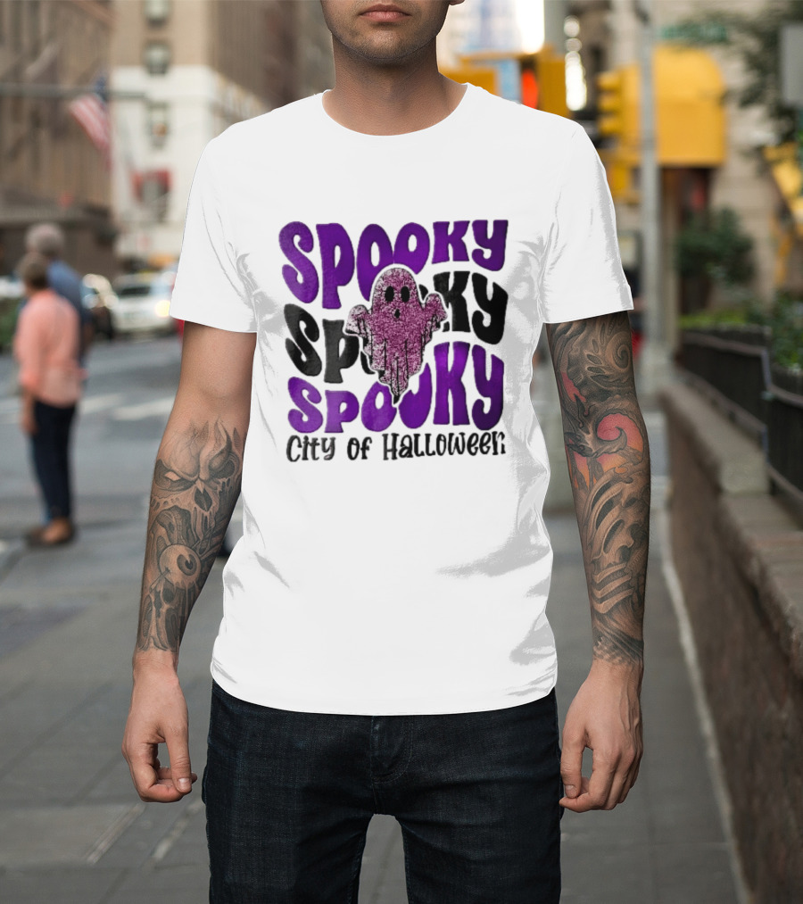 Spooky City Of Halloween Pink Glitter Ghost Retro Groovy T-Shirt