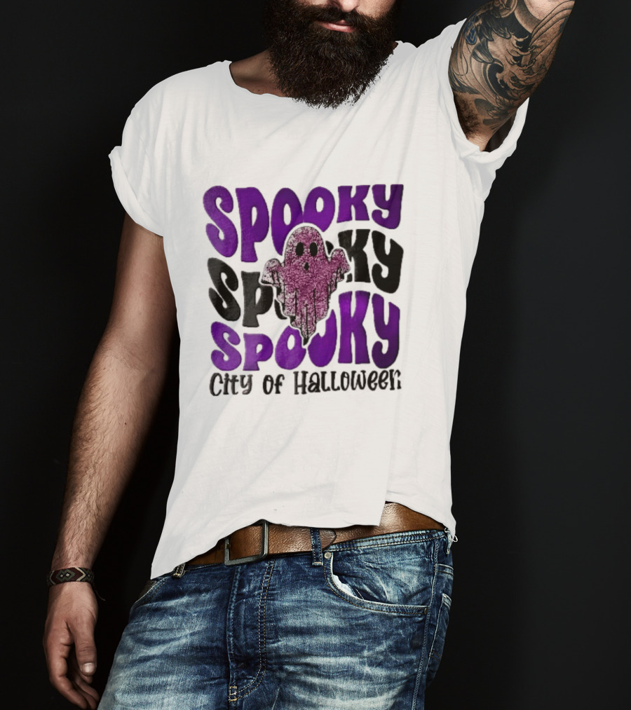 Spooky City Of Halloween Pink Glitter Ghost Retro Groovy T-Shirt