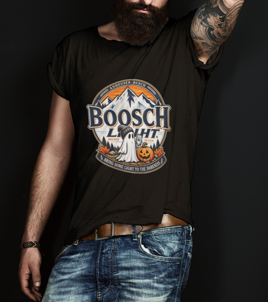 Anheuser Busch Boosch Light Brewed In USA Halloween Ghost Holding Can Jack O Lantern Bring Some Light To The Darkness T-Shirt