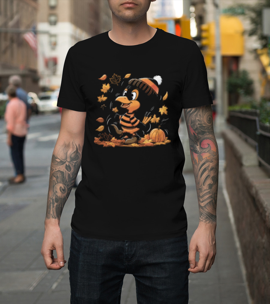 Cartoon Black And Orange Bird Beanie Hat Pumpkin Autumn Falling Leaves T-Shirt