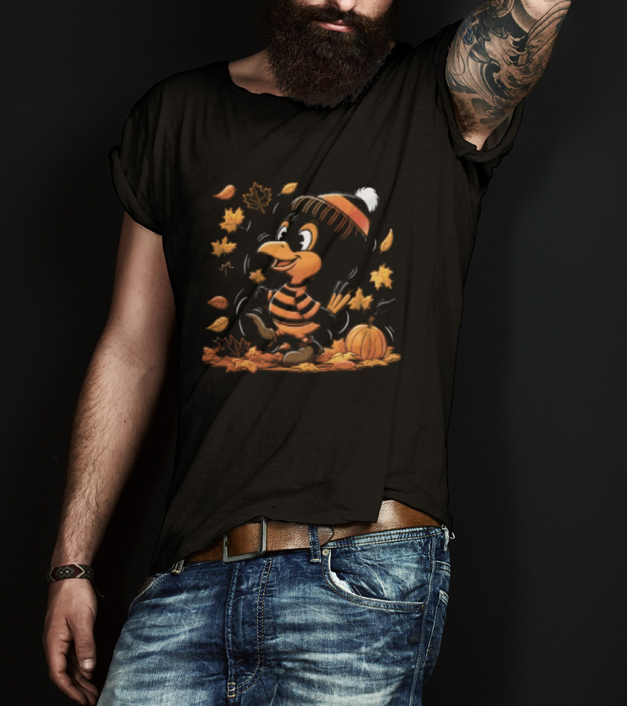 Cartoon Black And Orange Bird Beanie Hat Pumpkin Autumn Falling Leaves T-Shirt