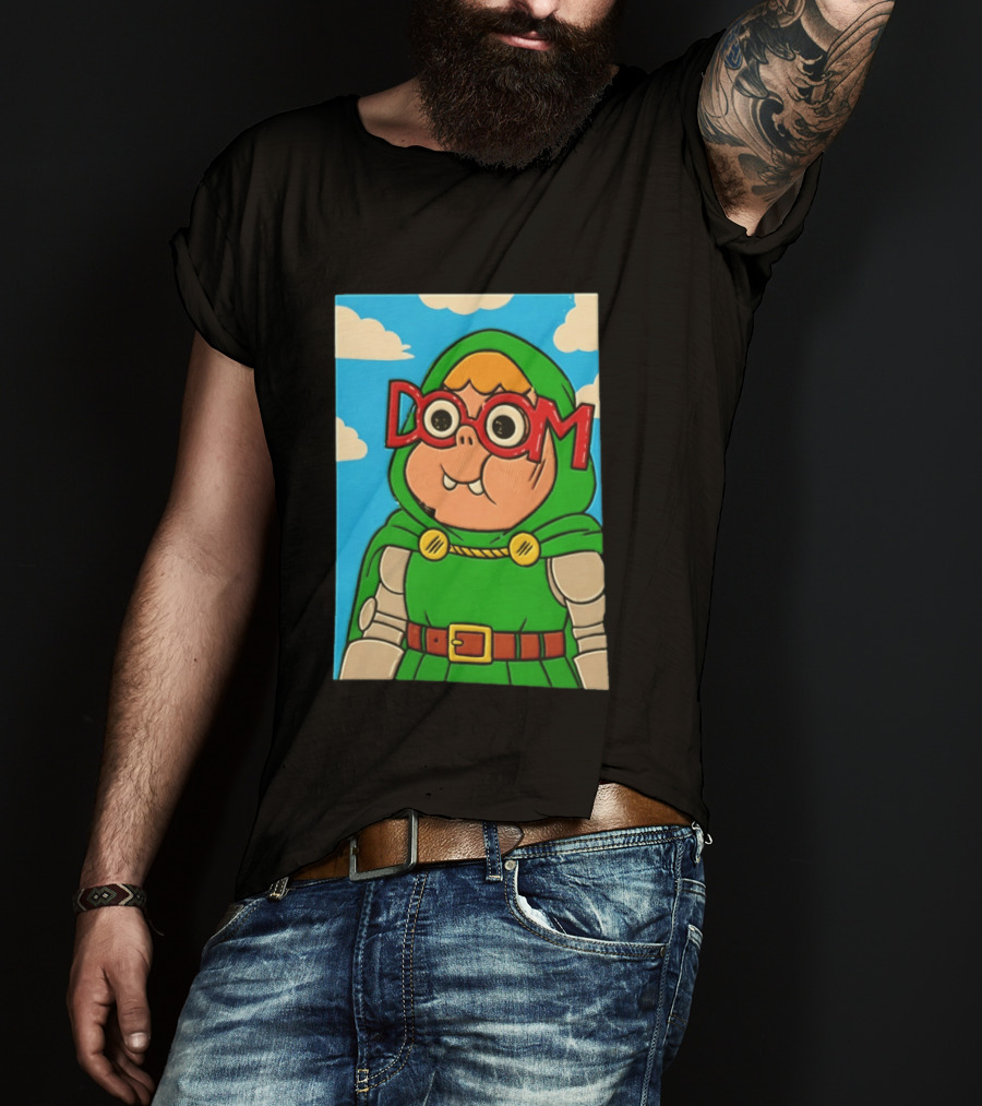 Clarence Doctor Doom Cartoon Crossover DOOM Glasses Green Hood Clouds T-Shirt
