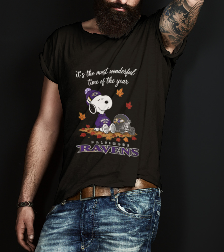 It's The Most Wonderful Time Of The Year Snoopy Baltimore Ravens Beagle Beanie Helmet Autumn Leaves T-Shirt