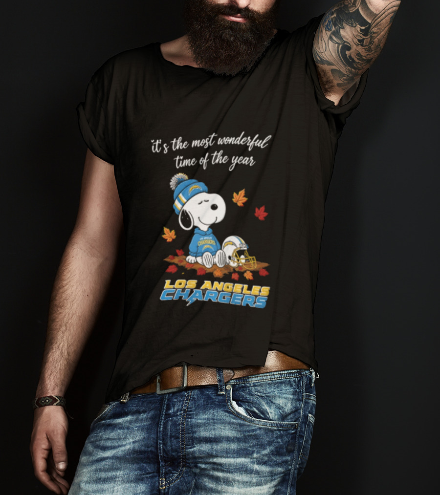It's The Most Wonderful Time Of The Year Snoopy Los Angeles Chargers Beanie Autumn Leaves Football Helmet T-Shirt