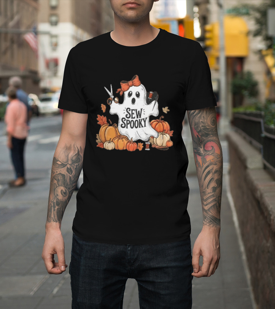Sew Spooky Ghost With Bow Scissors Pumpkins Autumn Leaves Thread Spools T-Shirt