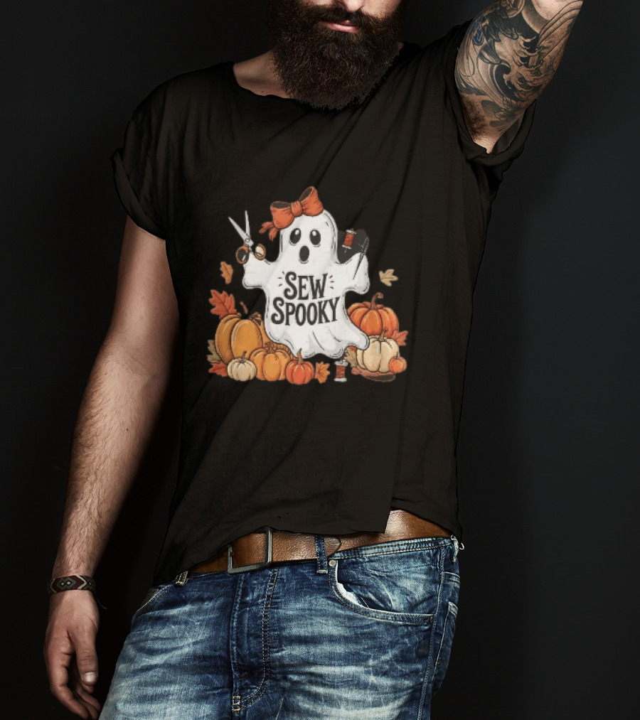 Sew Spooky Ghost With Bow Scissors Pumpkins Autumn Leaves Thread Spools T-Shirt