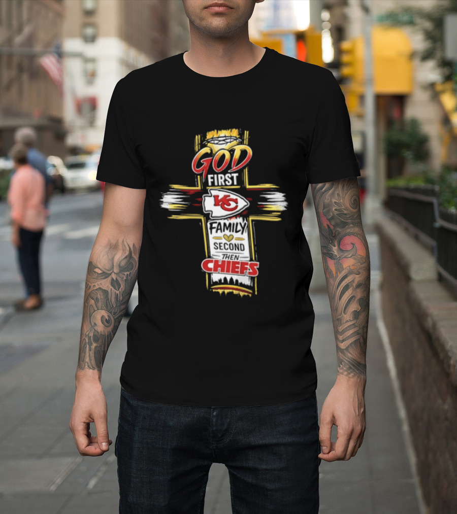 God First Family Second Kansas City Chiefs Cross Crown Of Thorns T-Shirt