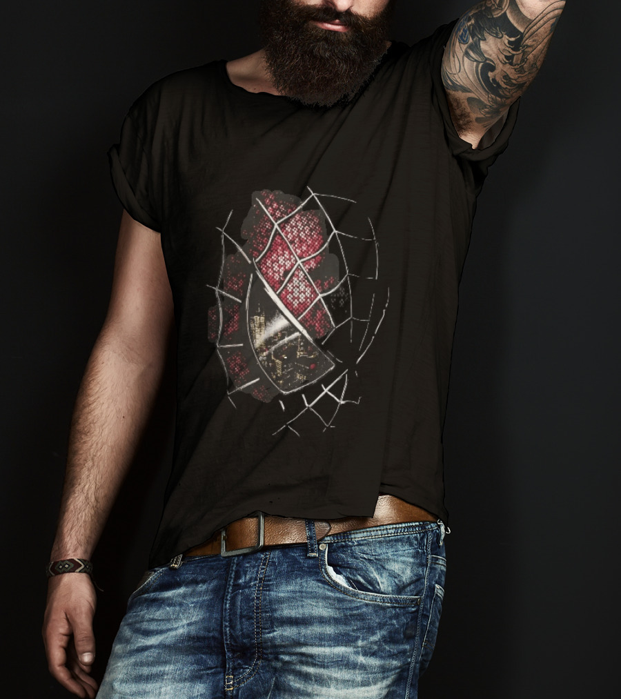 Spider Man Mask With City Skyline Reflection In Night Sketch Lines T-Shirt