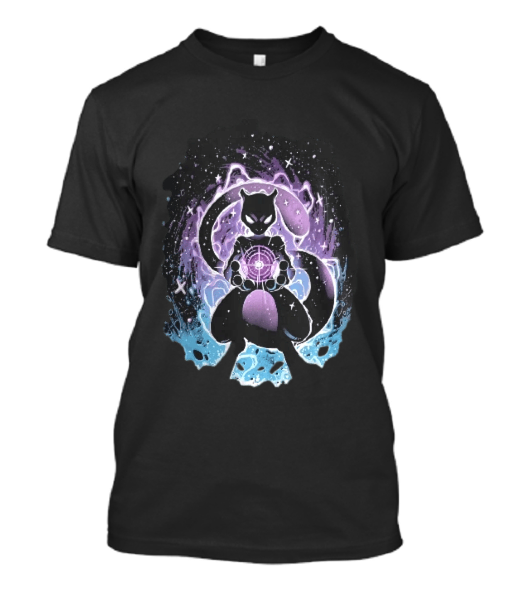 Mewtwo Cosmic Purple Energy Sphere Galaxy Stars Blue Flames T-Shirt