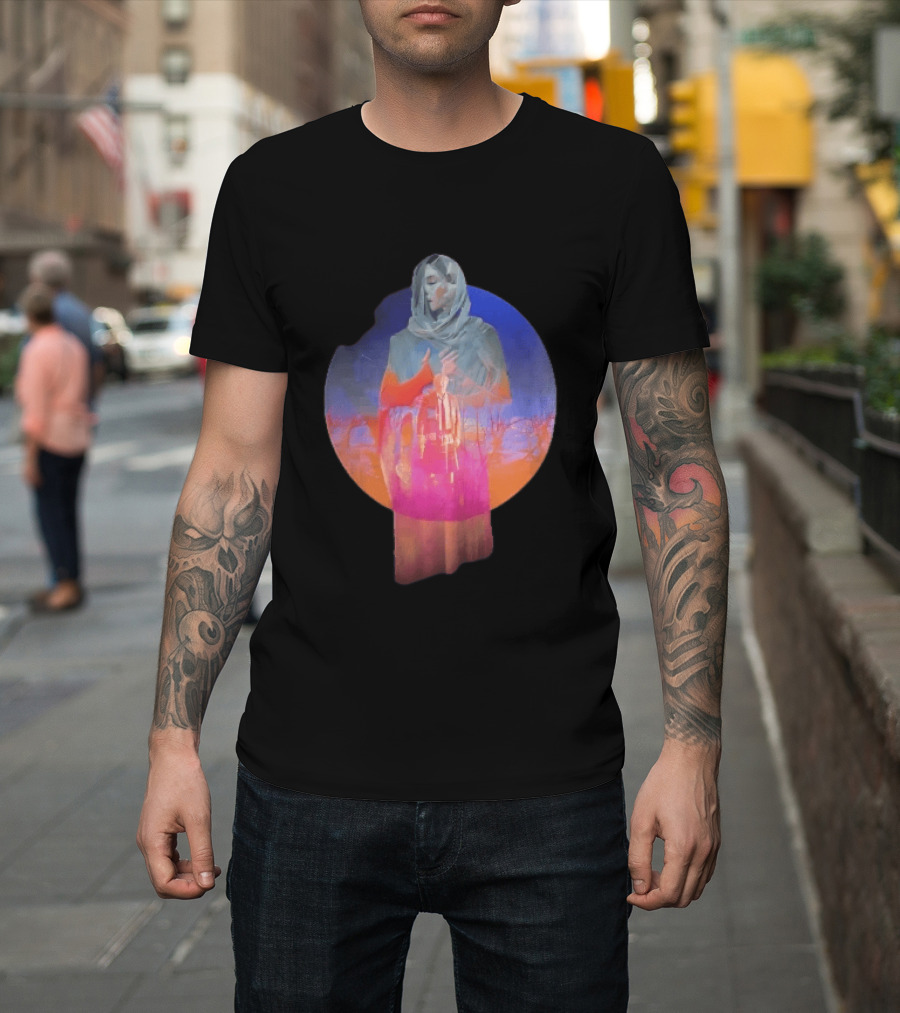 Veiled Hooded Cloak Double Exposure Bare Trees Glowing Sunset Globe T-Shirt