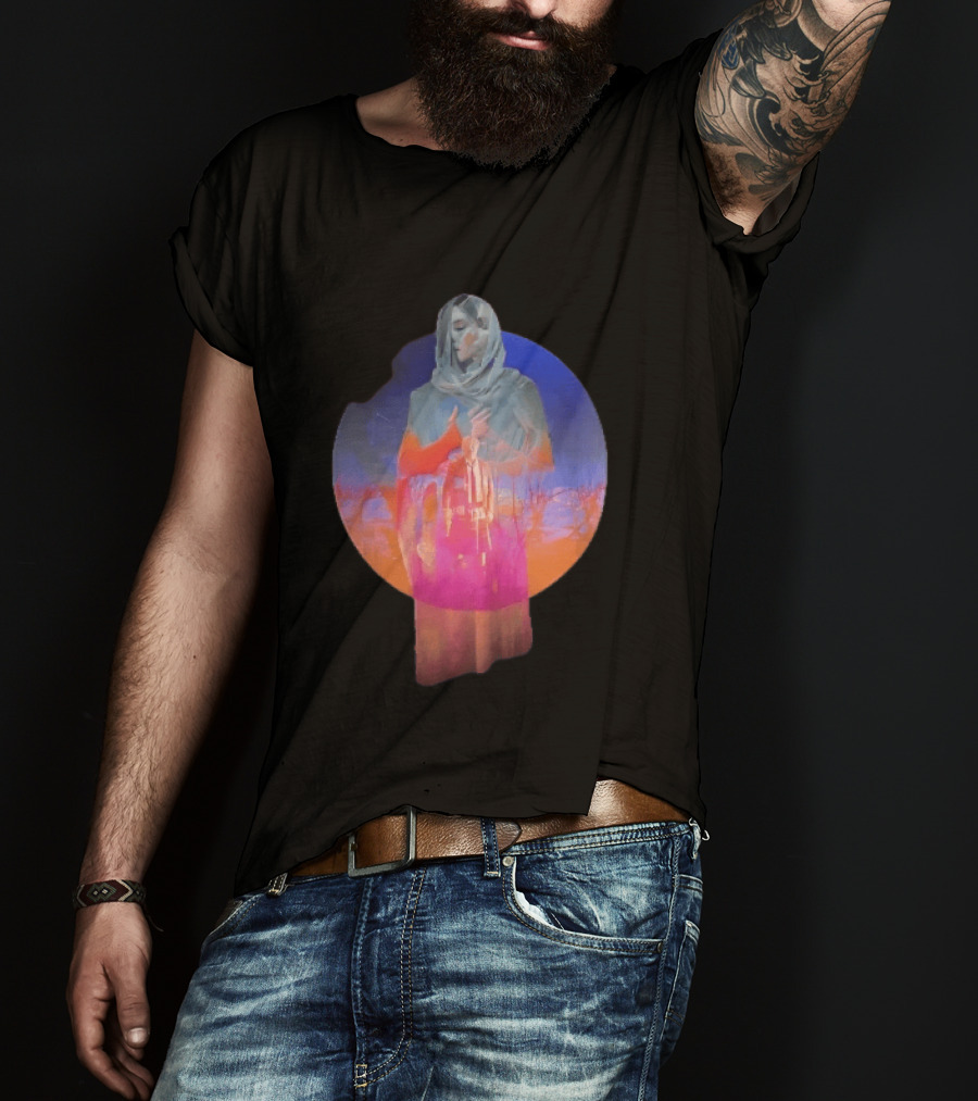 Veiled Hooded Cloak Double Exposure Bare Trees Glowing Sunset Globe T-Shirt