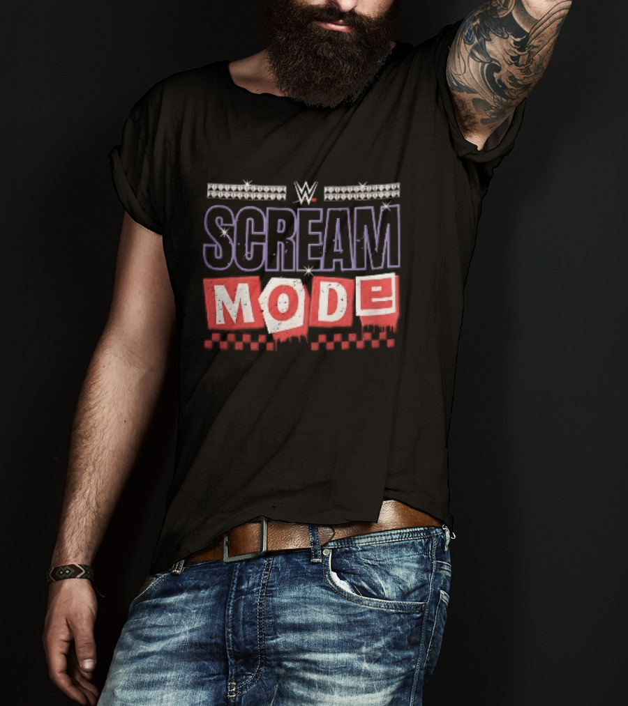 Scream Mode WWE Silver Studs Red Cutout Dripping Blocks Checkered T-Shirt