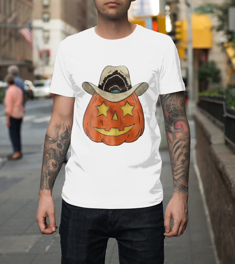 Starry Eyed Jack O Lantern Pumpkin Cowboy Hat Feather T-Shirt