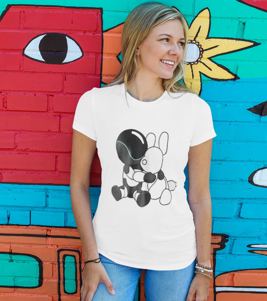 Cartoon Robot Embracing White Bunny Plush Toy T-Shirt