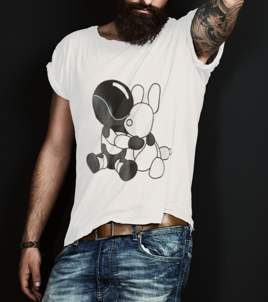 Cartoon Robot Embracing White Bunny Plush Toy T-Shirt
