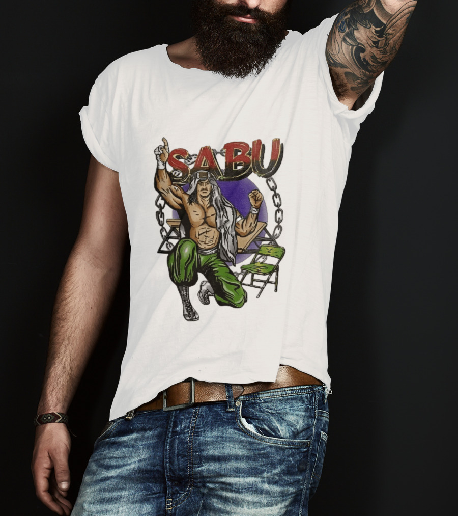 Sabu Terry Brunk Cartoon Kneeling Pose Green Chair Wooden Table Chains T-Shirt