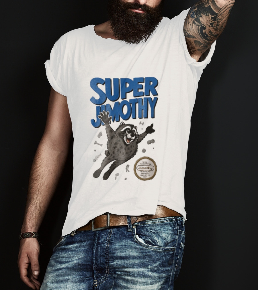 Super Jimothy Cartoon Flying Raccoon Trash Scraps Gold Seal T-Shirt