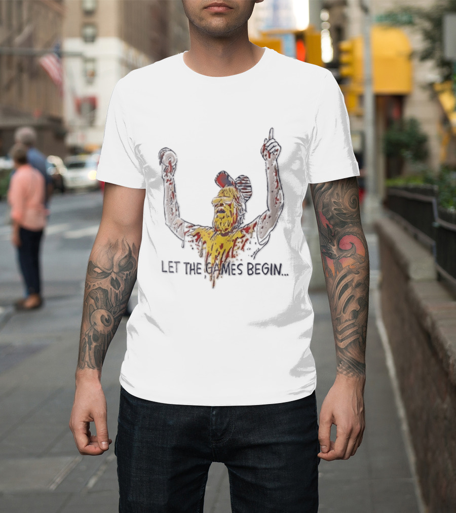Let The Games Begin Caricature Beard Sunglasses Dripping Mustard Ketchup Line Arms Raised T-Shirt
