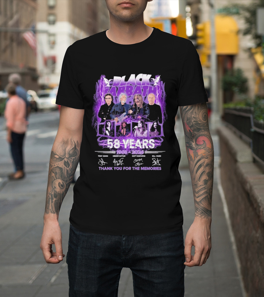 Black Sabbath 58 Years 1968 2026 Tony Iommi Geezer Butler Ozzy Osbourne Bill Ward Thank You For The Memories T-Shirt