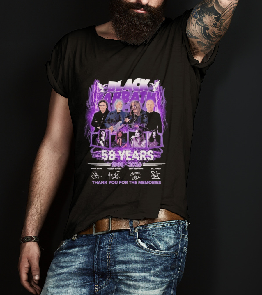 Black Sabbath 58 Years 1968 2026 Tony Iommi Geezer Butler Ozzy Osbourne Bill Ward Thank You For The Memories T-Shirt