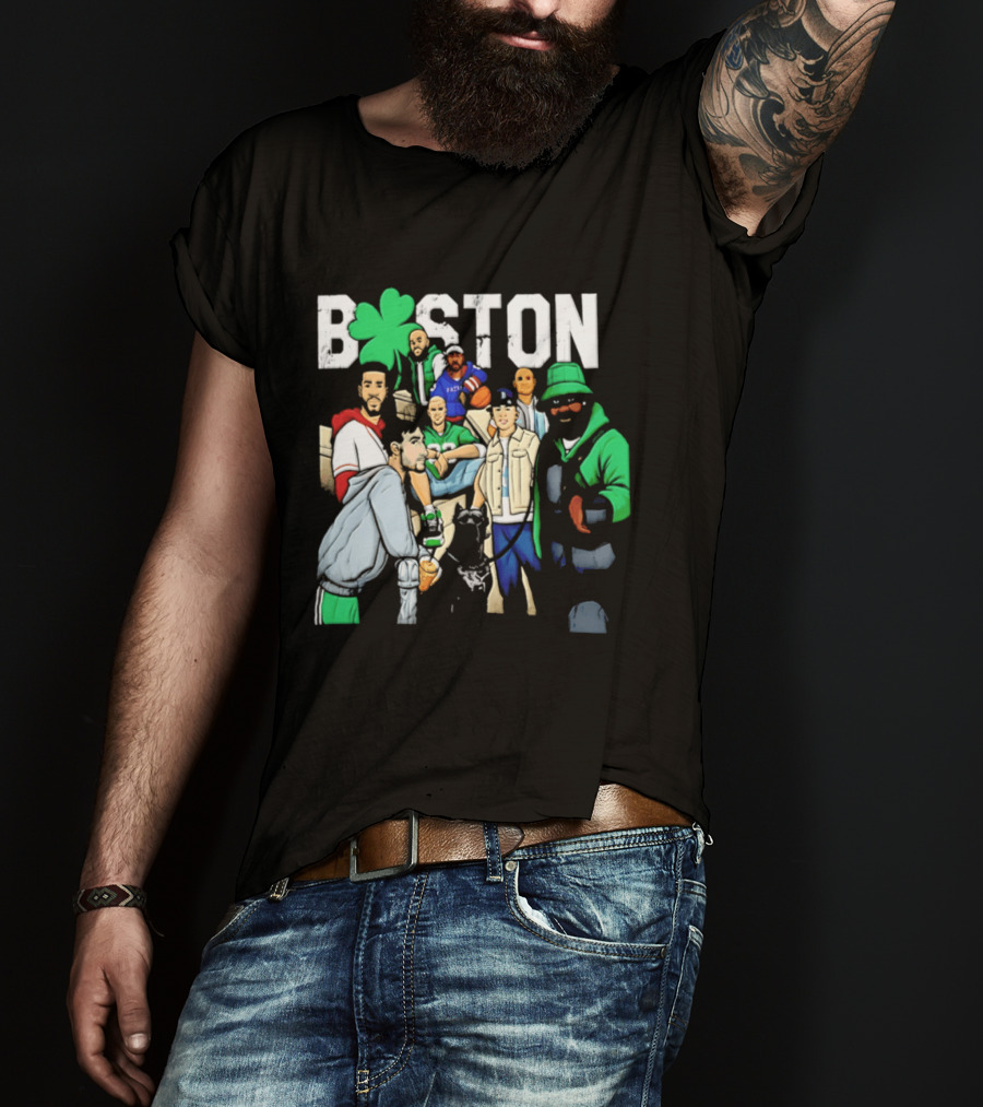 Boston Celtics Patriots Players With Shamrock And Boston T-Shirt