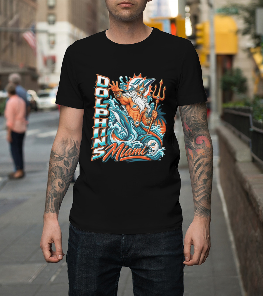 Miami Dolphins King Triton Ocean Waves Trident Dolphins T-Shirt