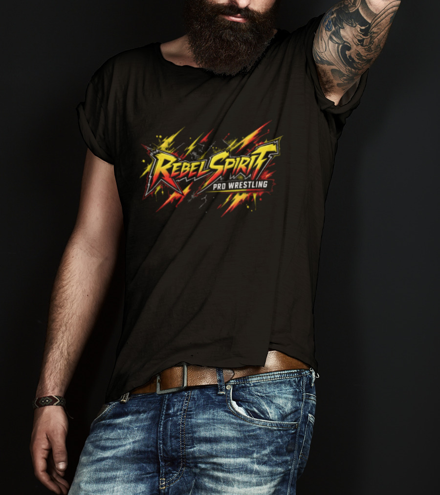 Rebel Spirit Pro Wrestling Spiky Lettering Paint Splatter Grunge Yellow Red Burst T-Shirt