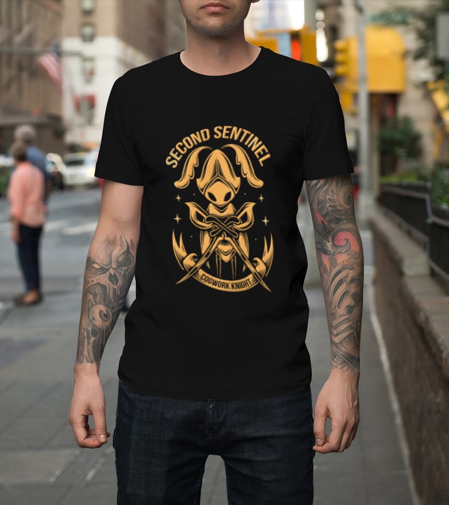 Second Sentinel Cogwork Knight Horned Insect Warrior Crossed Swords T-Shirt
