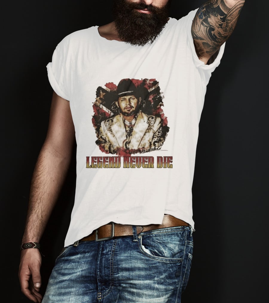 Hank Williams Jr. Legend Never Die Country Music Rebel Flag Cowboy Hat T-Shirt