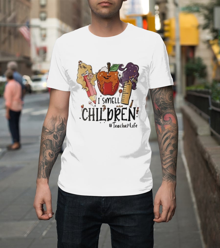 I Smell Children Teacherlife Sanderson Sisters Halloween Pencil Apple Ruler Cartoon T-Shirt